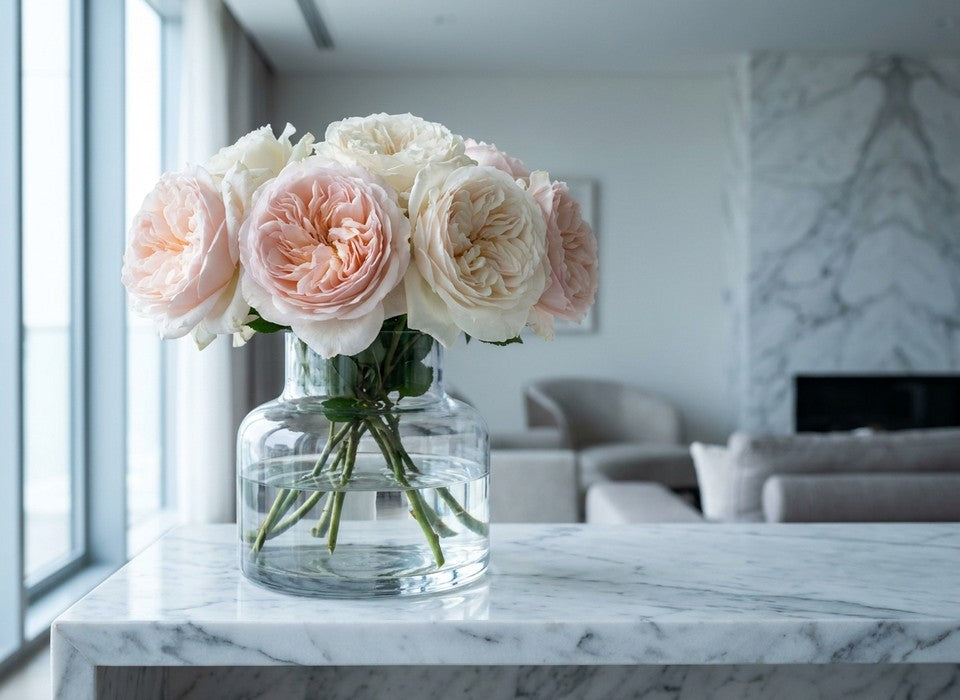 premium blush garden roses in a glass vase on marble in Los Angeles