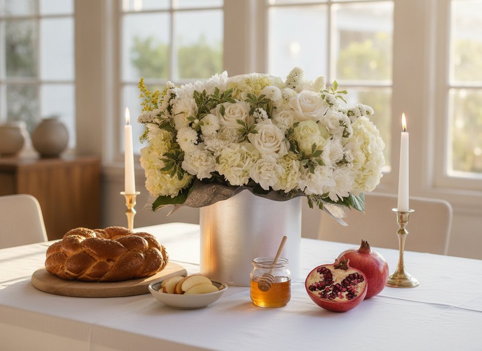 Rosh Hashanah table with round challah, apples, honey and the Catherine white flower box centerpiece