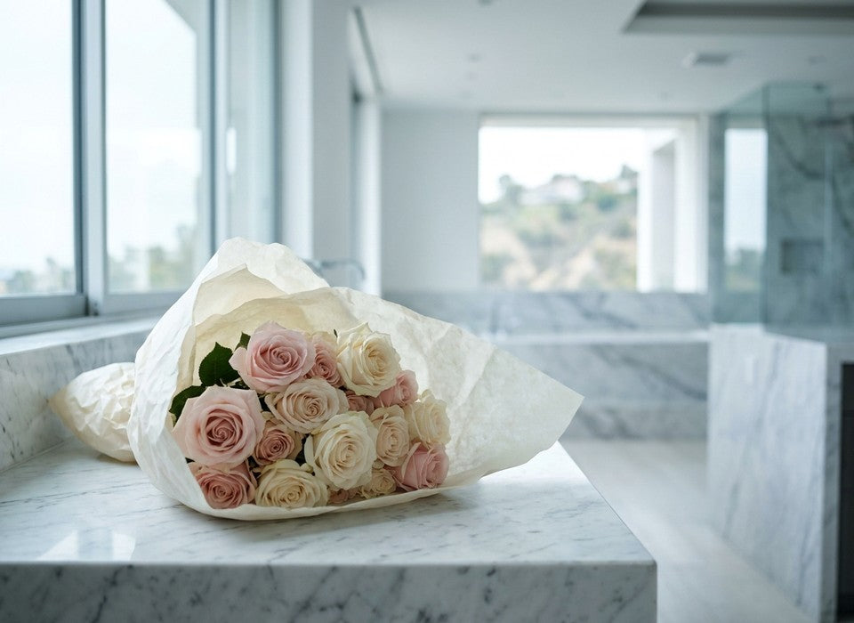 blush rose bouquet ready for same-day delivery on marble in Los Angeles