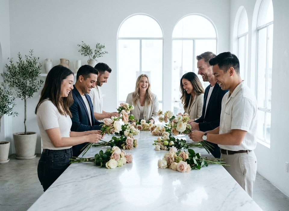 team enjoying a corporate floral workshop at a marble table in Los Angeles
