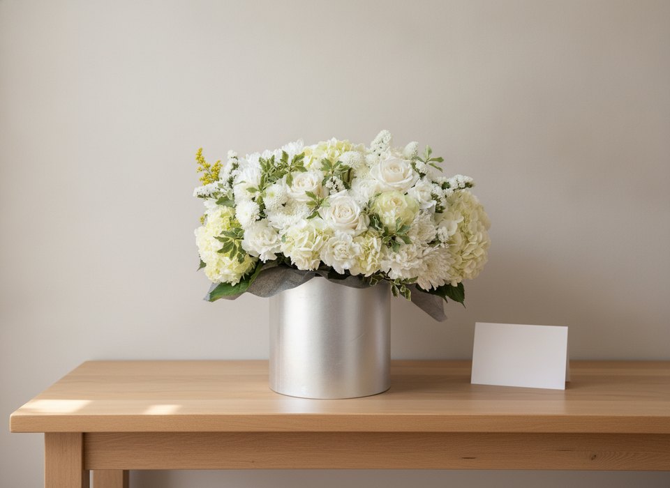 Catherine sympathy arrangement of white hydrangea, roses and carnations in a silver box by Pink Clover Florist