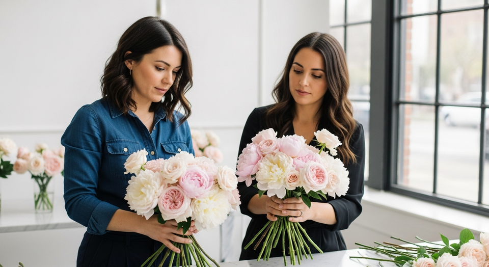 Two Los Angeles florists arranging a blush and white wedding bouquet