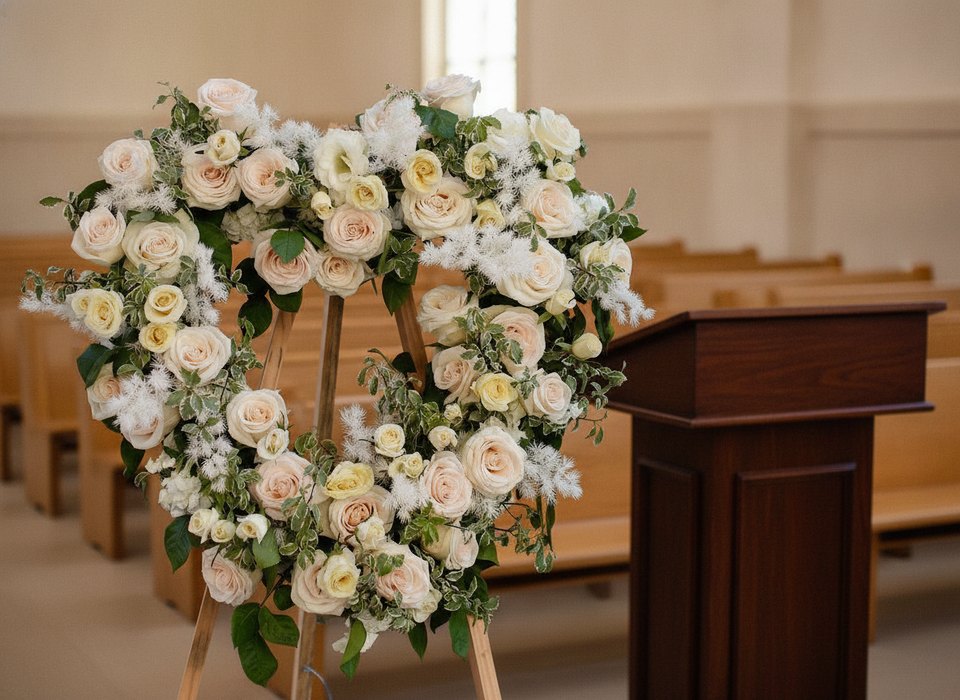 Eternal Love heart-shaped standing wreath of blush and cream roses at a memorial service, by Pink Clover Florist