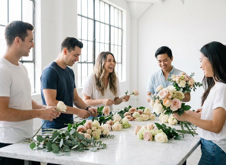 coworkers connecting around a marble table during a corporate floral workshop in Los Angeles