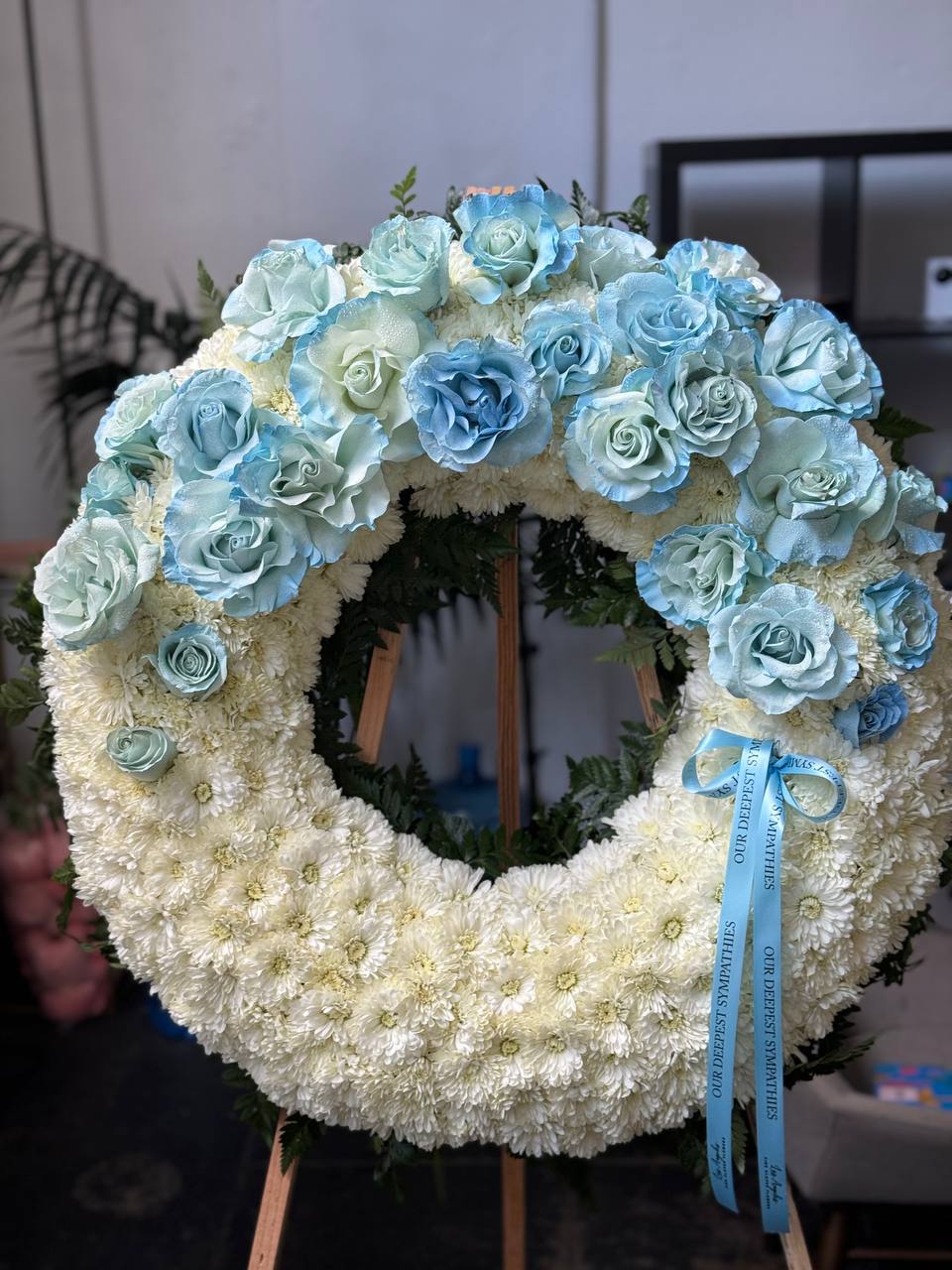 Roses in Blue - Circle Spray styled in setting - luxury rose Los Angeles florist