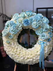 Roses in Blue - Circle Spray styled in setting - luxury rose Los Angeles florist