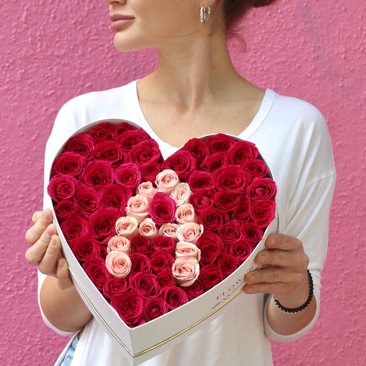 Customizable flower heart box with fresh red roses and greenery, ideal for love notes and luxury gifting in Los Angeles
