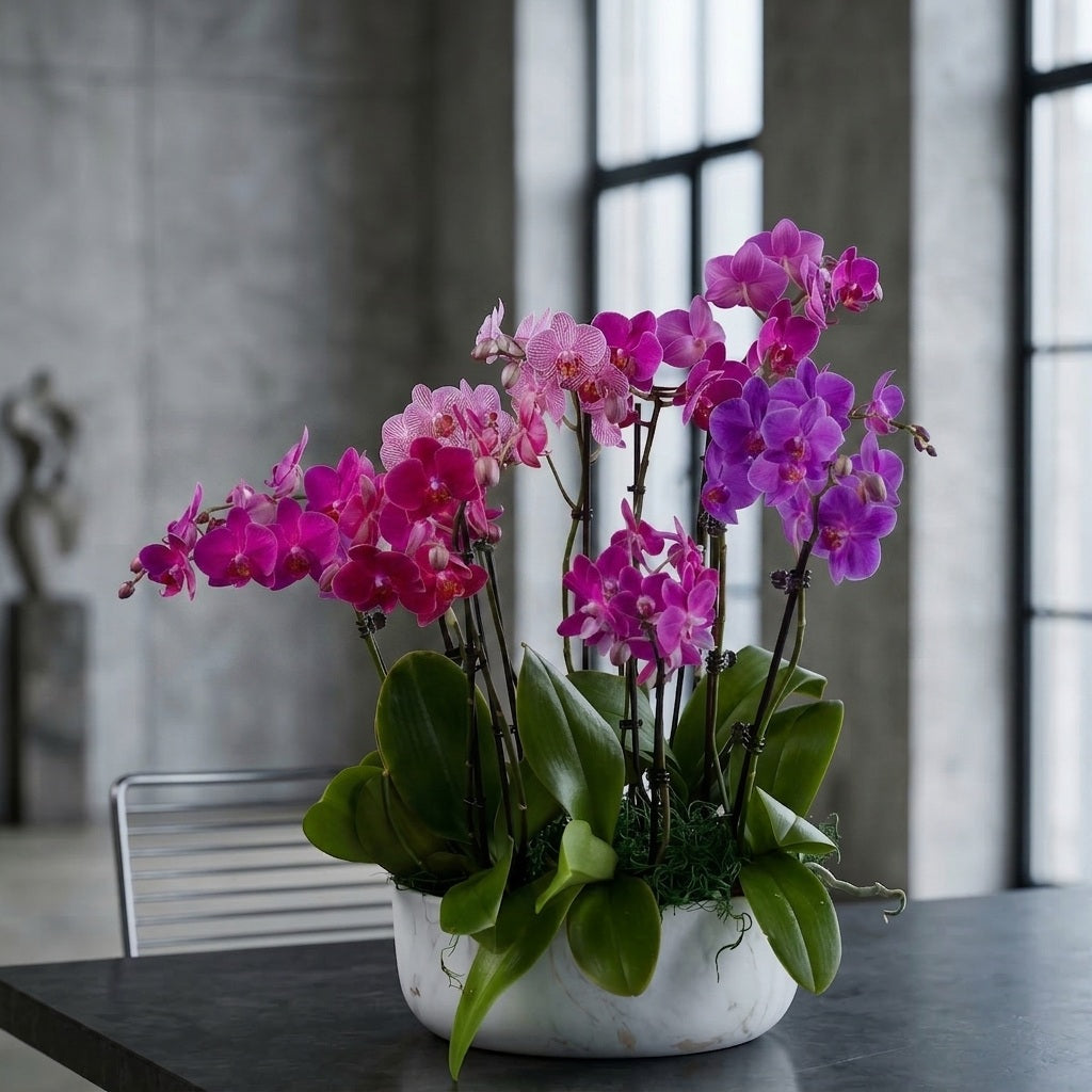 Pink and purple orchids arrangement in white bowl - Pink Clover Los Angeles