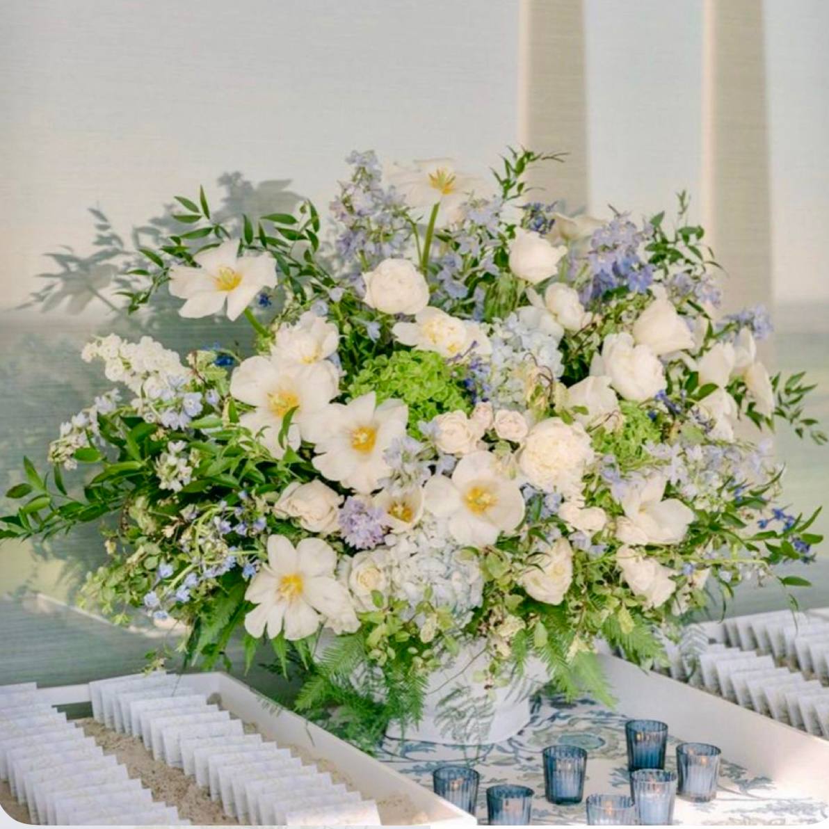 White & Blue Garden Compote Centerpiece