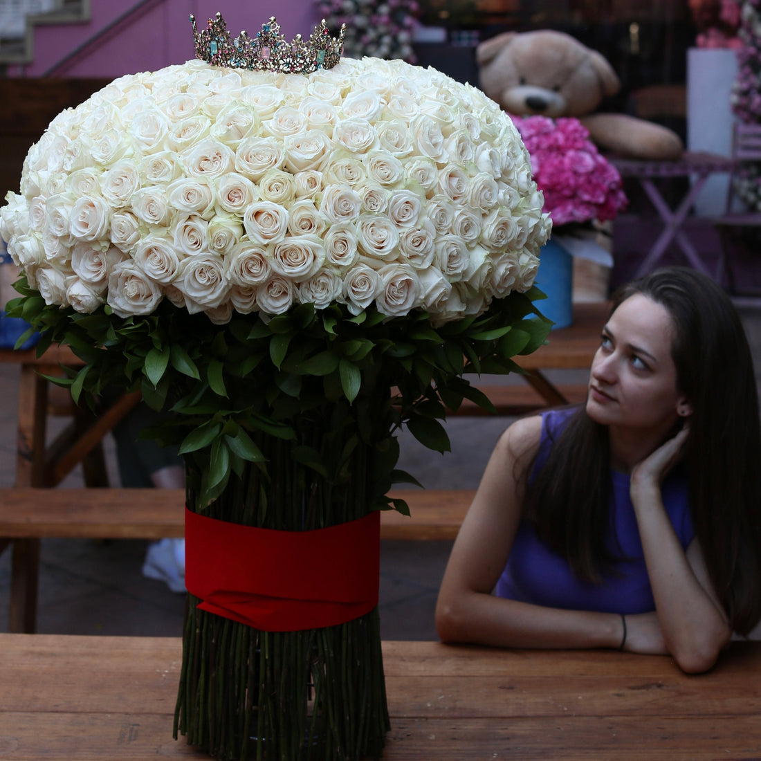 Breathtaking bouquet of 250 red roses arranged in a perfect round shape, tied with a red ribbon – ideal for grand romantic gestures