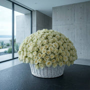 250 white roses in a basket - luxury flower delivery Los Angeles - Pink Clover