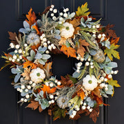 Pink Clover rustic autumn wreath with orange leaves, white berries, mini pumpkins, and lambs ear, Los Angeles.