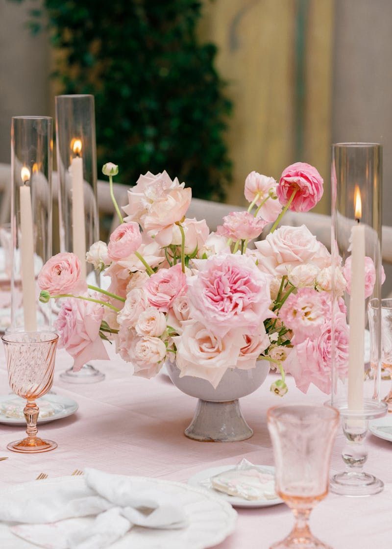 Pink garden roses and ranunculus lush centerpiece for Pink Baby Shower by Pink Clover Los Angeles