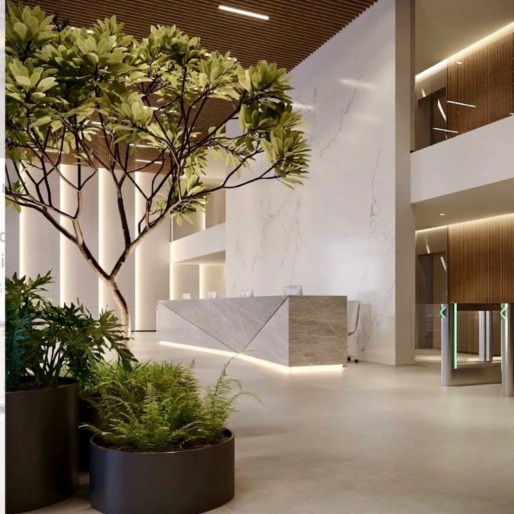 Lobby Tree & Planter Installation - office plantscaping Los Angeles, Pink Clover