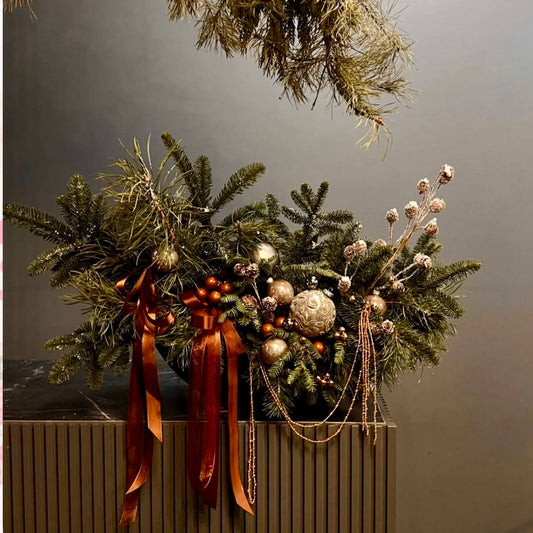 Copper Ribbon Pine & Gold Ornament Centerpiece