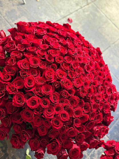 Artisan-crafted ceramic vase holding 200 crimson roses, styled for opulent celebrations