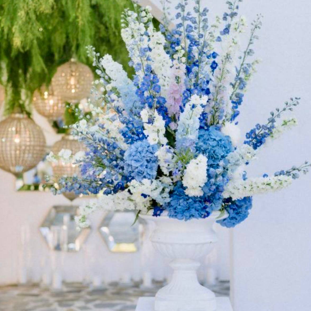 Blue Hydrangea & Delphinium Urn Arrangement