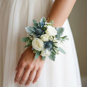 Dusty Blue Wrist Corsage worn on the wrist — Los Angeles wedding florist