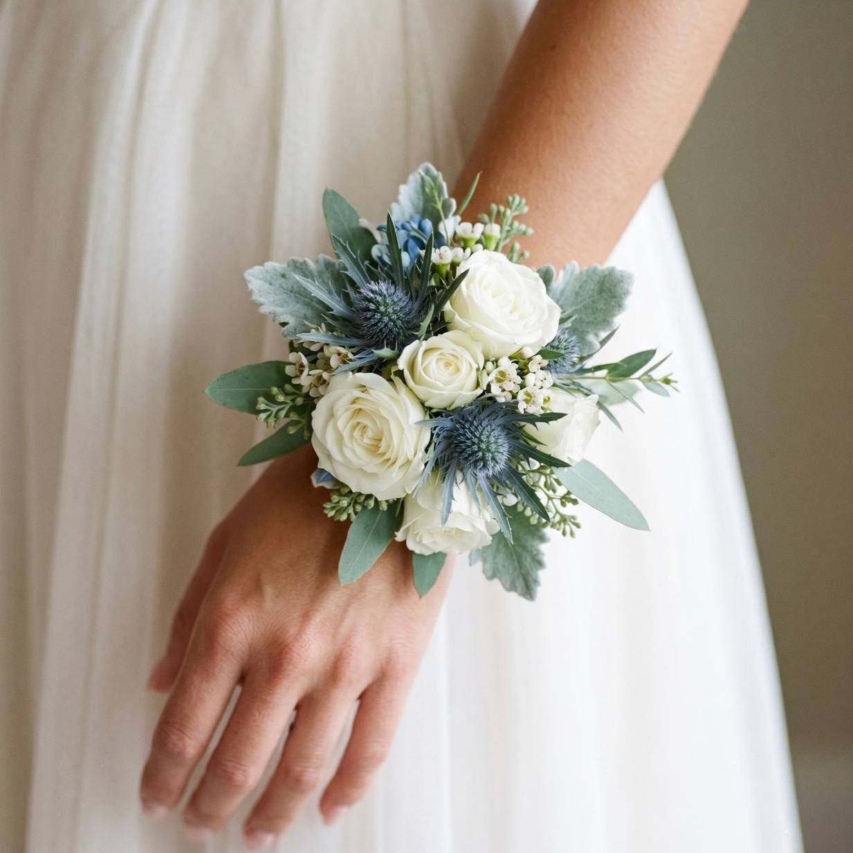 Dusty Blue Wrist Corsage worn on the wrist — Los Angeles wedding florist