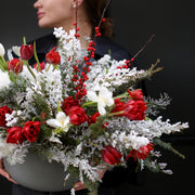 Snow Kissed Elegance arrangement from Pink Clover LA, styled with pristine white blooms and silver a