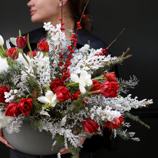 Snow Kissed Elegance arrangement from Pink Clover LA, styled with pristine white blooms and silver accents