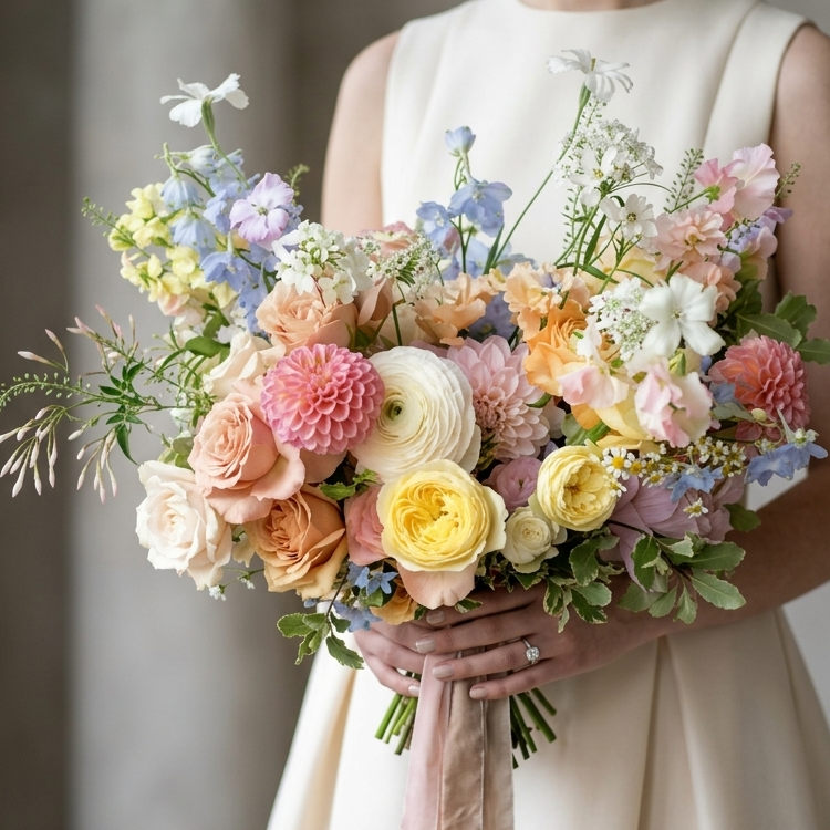 Wildflower Bridal Bouquet by Pink Clover. Pastel peach, pink, yellow, blue garden roses, dahlias, ranunculus