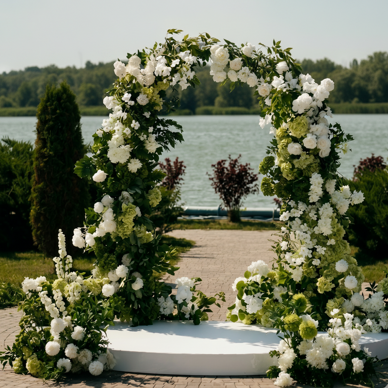 Garden Gate Arch by Pink Clover: Elegant white peonies, green hydrangeas, lush foliage wedding arch, Los Angeles