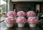 Lush pink and white peony baskets by Pink Clover, Los Angeles.