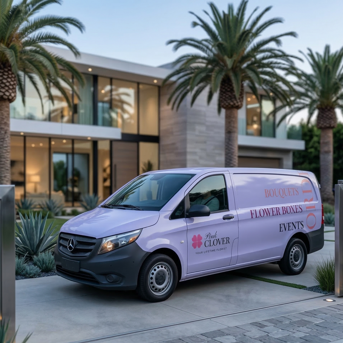 Pink Clover light purple delivery van for free yearly flower delivery service, Los Angeles.