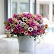 Pink Clover Luxury Box Subscription: Lush pink, purple, peach dahlias, roses, anemones bouquet Los Angeles.
