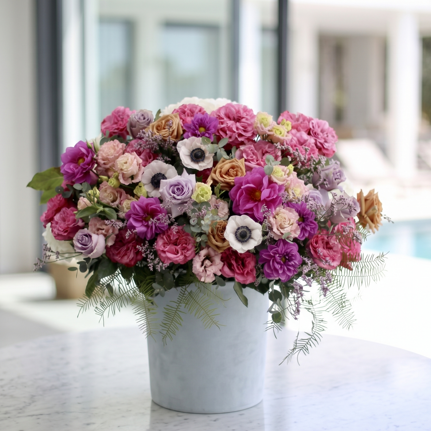 Pink Clover Luxury Box Subscription: Lush pink, purple, peach dahlias, roses, anemones bouquet Los Angeles.