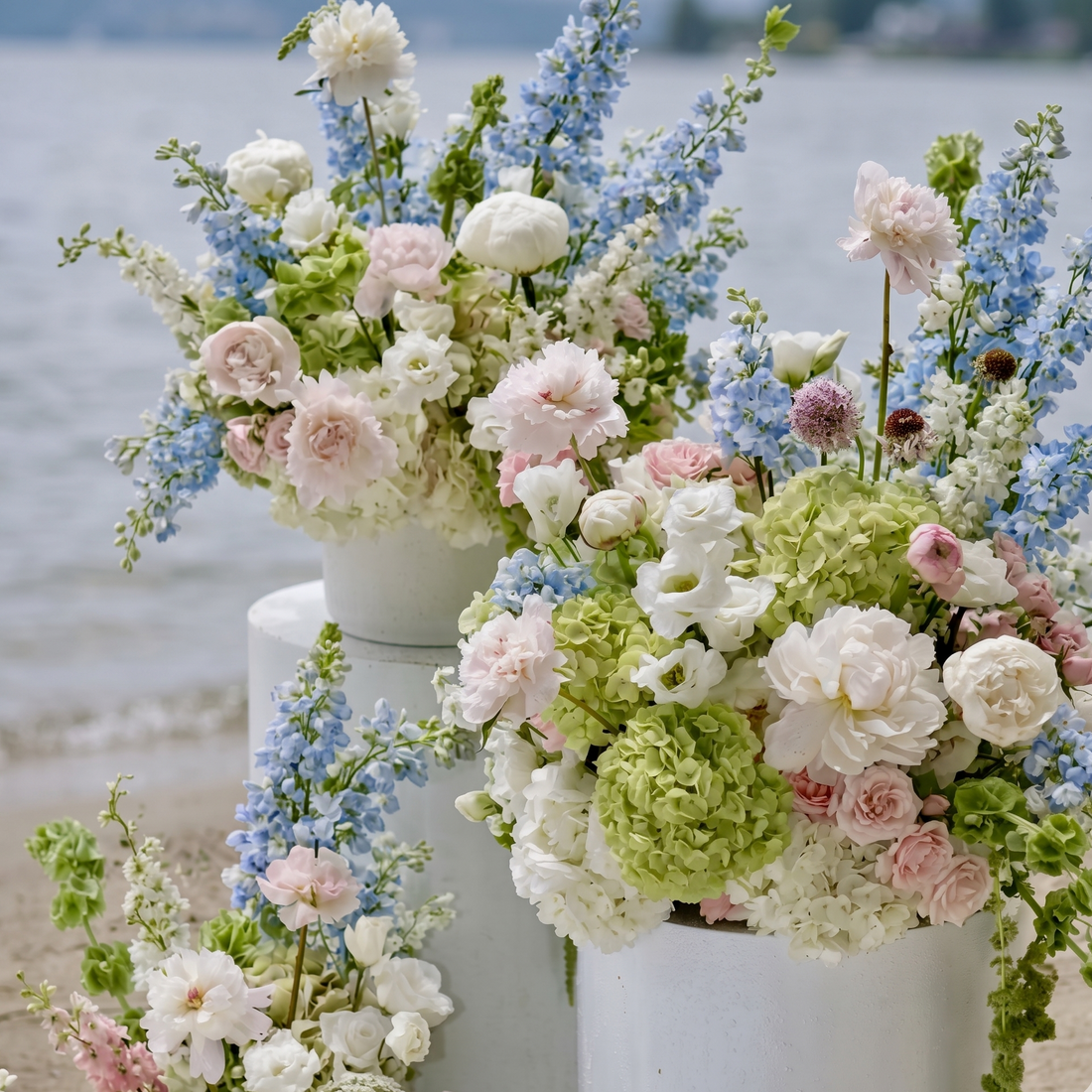 Pink Clover pastel peonies, delphinium, hydrangeas, roses, lush coastal pedestal arrangements Los Angeles