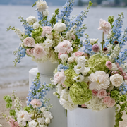 Pink Clover pastel peonies, delphinium, hydrangeas, roses, lush coastal pedestal arrangements Los Angeles