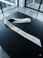 Memorial Ribbon close-up detail - fresh floral arrangement from Pink Clover LA