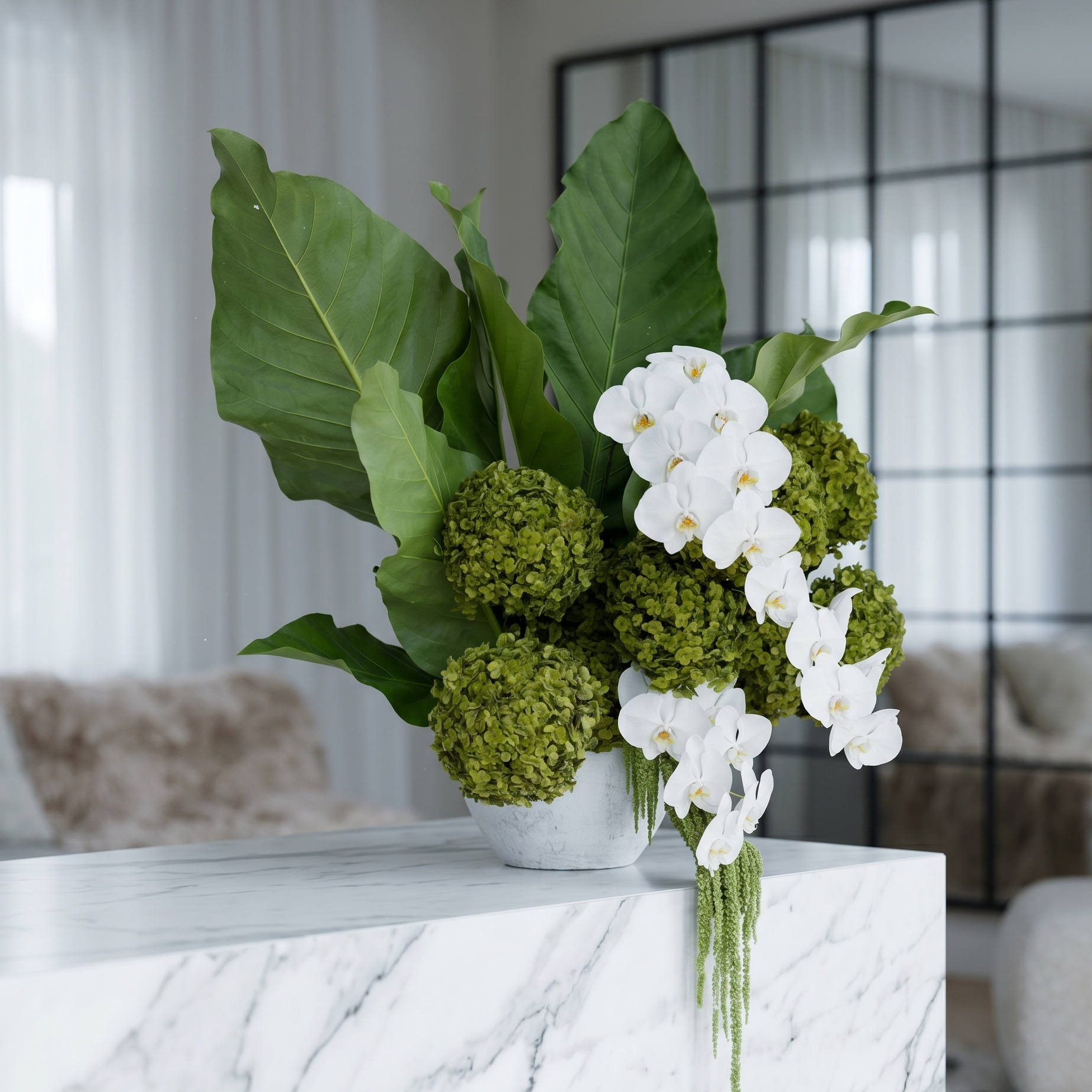 Pink Clover white Phalaenopsis orchids, tropical leaves, green moss balls, hanging amaranthus arrangement Los Angeles