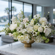 Pure Petals by Pink Clover: Lush white, cream, green roses, peonies, ranunculus, anemones arrangement.