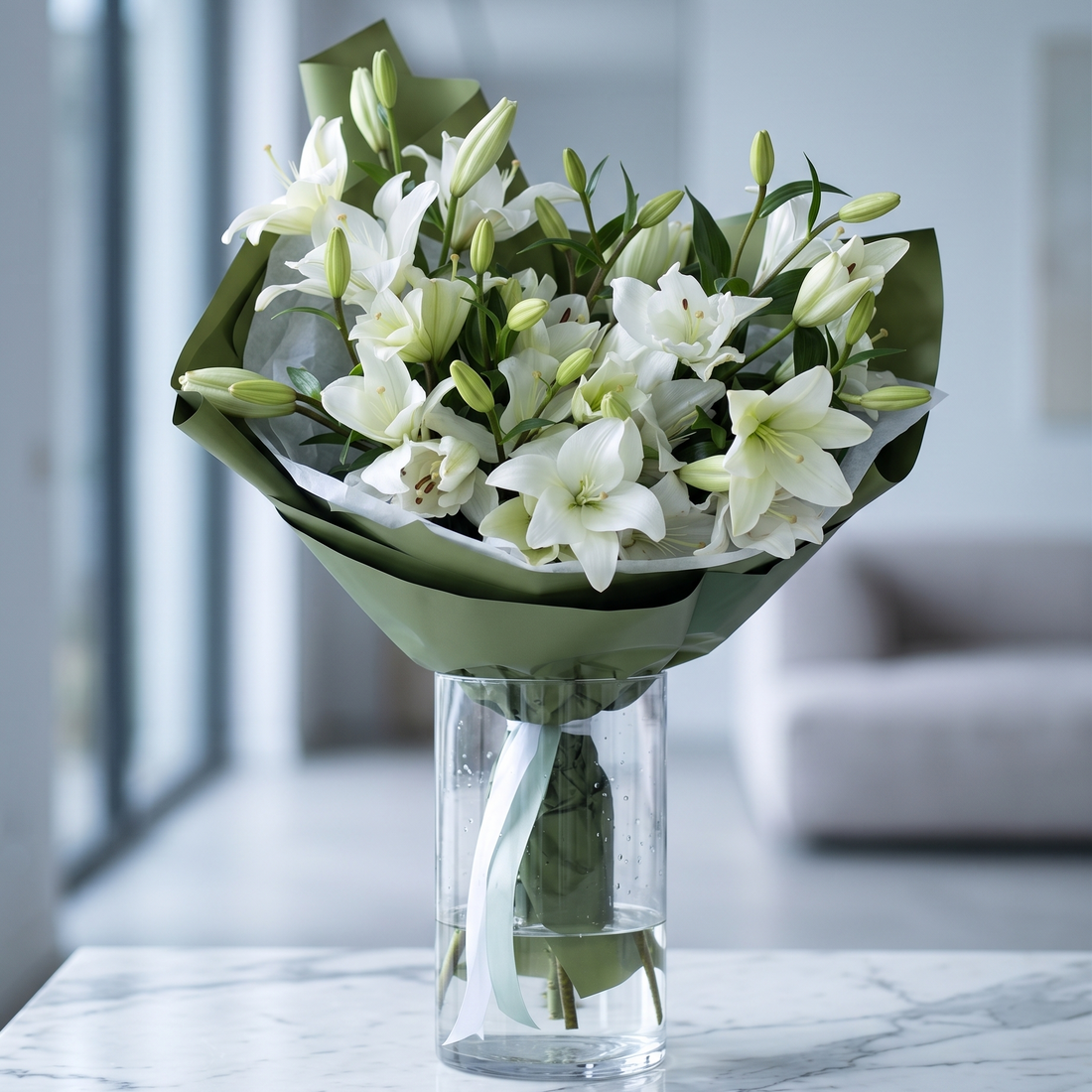 Pure Lily bouquet: elegant white lilies, green foliage, green wrapped, Pink Clover Los Angeles
