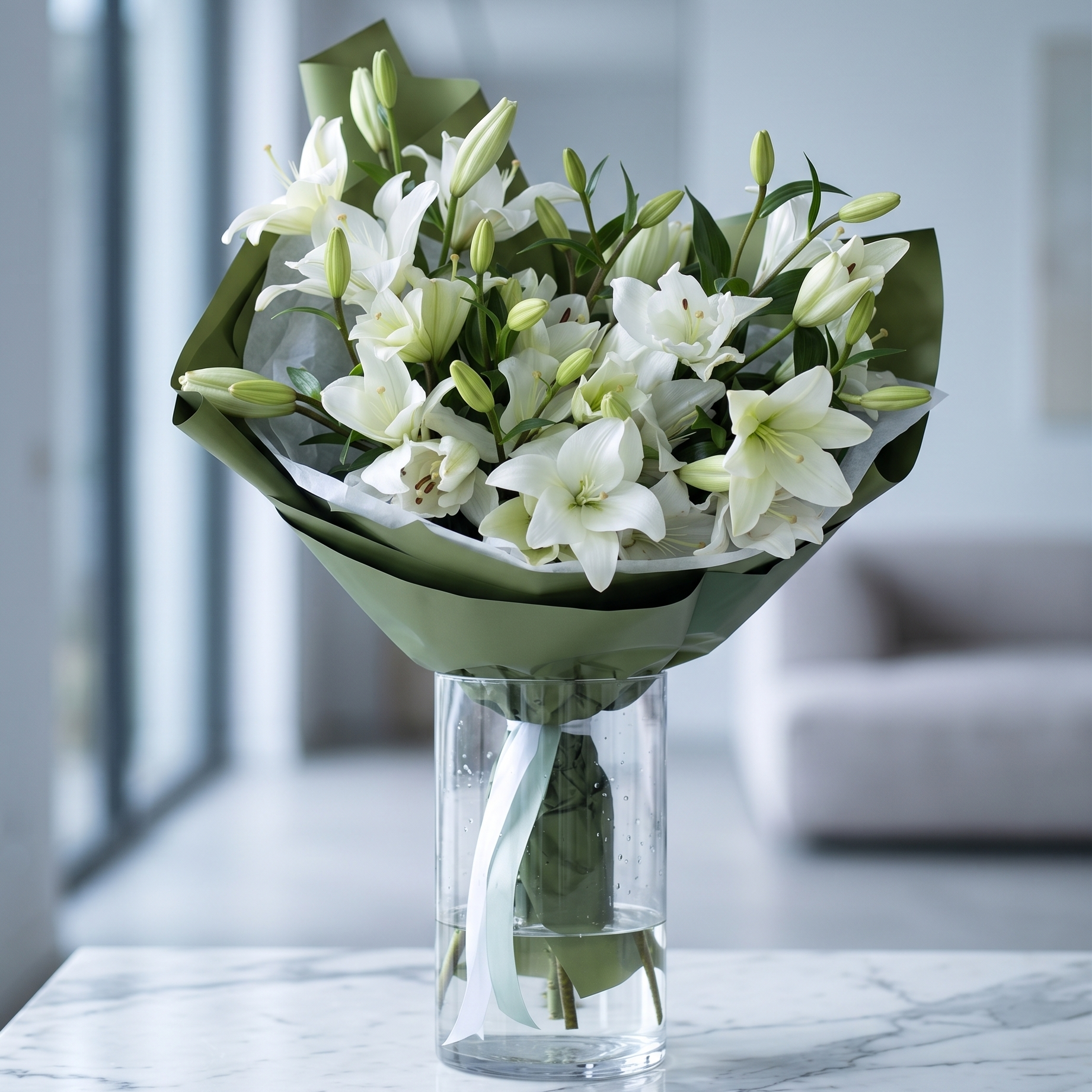 Pure Lily bouquet: elegant white lilies, green foliage, green wrapped, Pink Clover Los Angeles