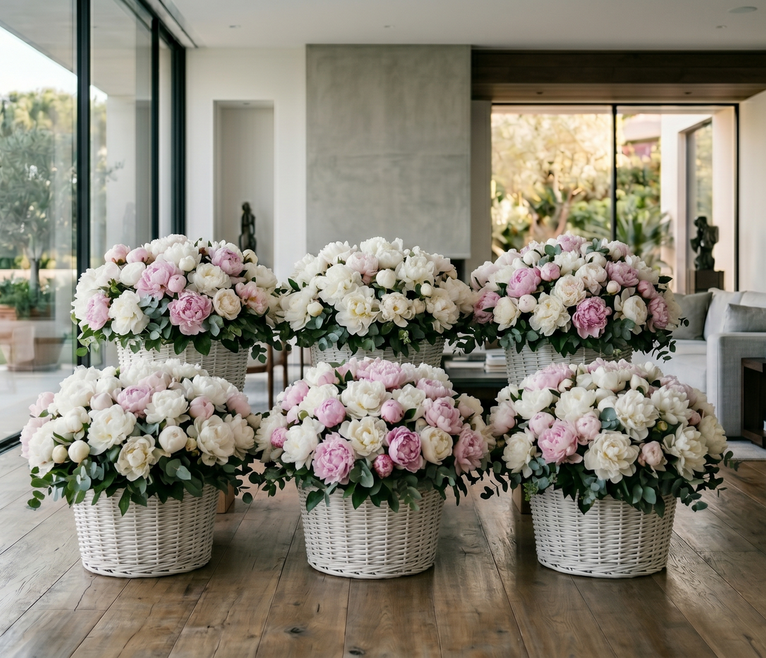Pink Clover's abundant white and pink peonies in elegant woven basket arrangements, Los Angeles.