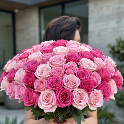 50 Roses Delivery arrangement styled in setting - luxury rose Los Angeles florist