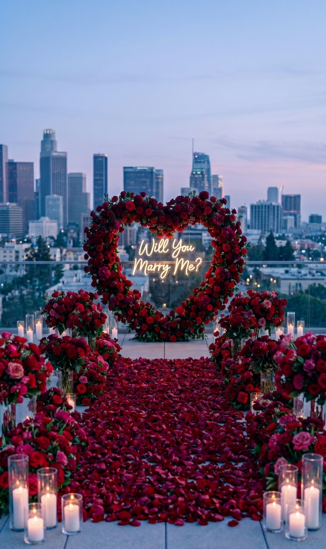 Pink Clover luxury red rose proposal set with heart arch, petal path, and candles, Los Angeles.