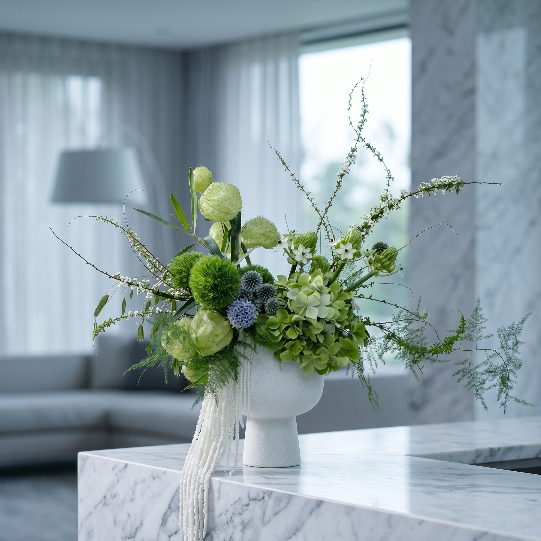 Pink Clover's "The Wild Greenery" features green hydrangea, thistle, milkweed pods, and white blooms