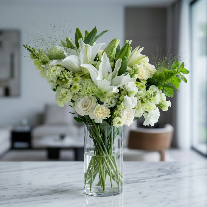Lush white lilies, roses, and mixed green flowers in an elegant bouquet by Pink Clover, Los Angeles.