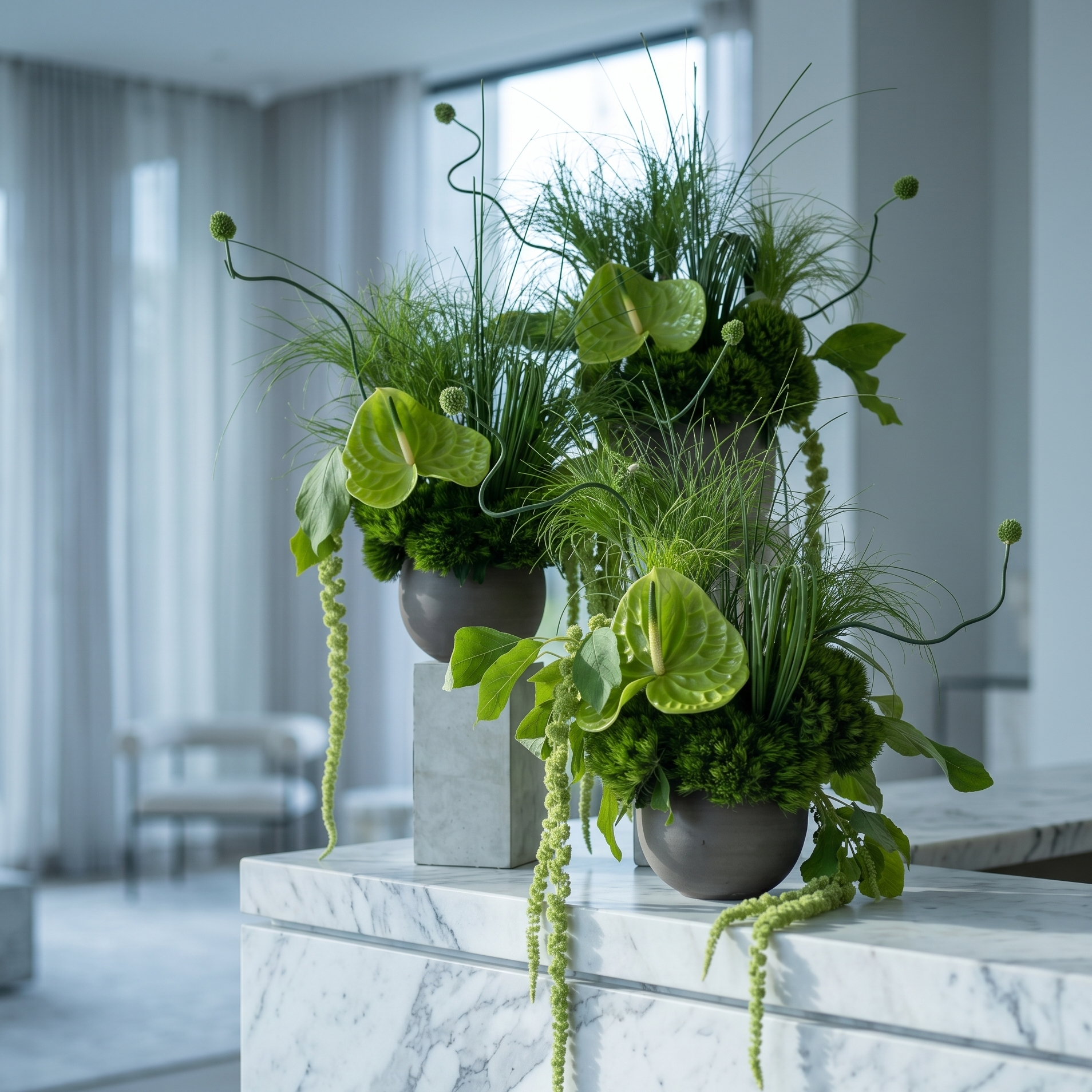 Pink Clover Anthurium Trio: Modern green anthuriums, lush foliage, hanging amaranthus in grey pots Los Angeles
