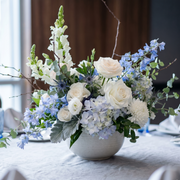Blue Baby Shower lush organic centerpiece by Pink Clover: white roses, blue hydrangeas, snapdragons