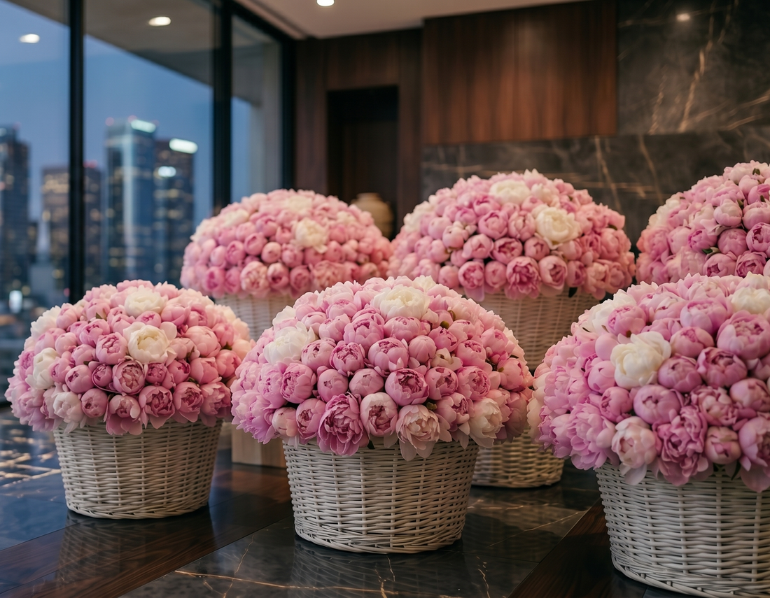 Lush pink and white peony baskets, elegant floral arrangements by Pink Clover, Los Angeles.