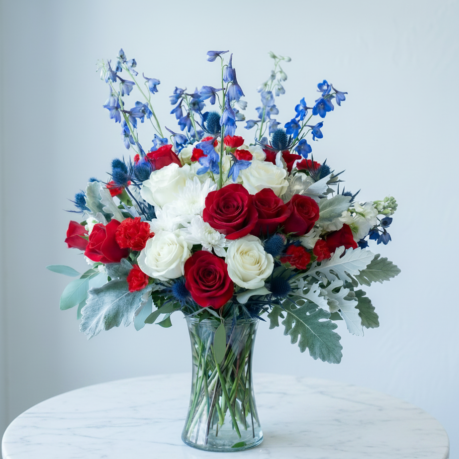 Pink Clover Patriotic Garden Bouquet: vibrant red roses, white mums, blue delphinium, thistle, Los Angeles.