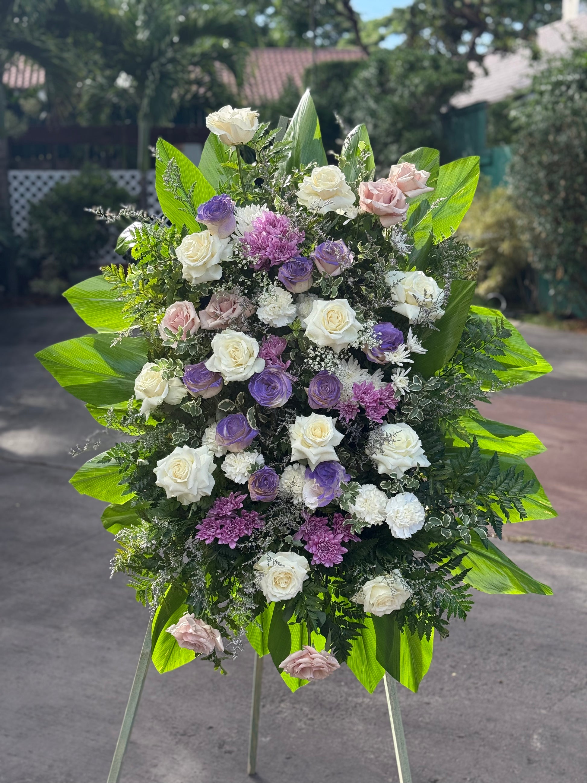 Sympathy Spray Purple fresh seasonal flowers same-day delivery Honolulu