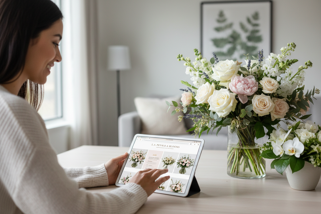 A bright, elegant lifestyle scene showing a person ordering flowers online on a laptop or tablet, with a modern floral website displayed on screen. Soft natural lighting, fresh flower bouquets on a nearby table, neutral pastel tones, clean and professional aesthetic, Los Angeles florist vibe, premium and trustworthy look, shallow depth of field, realistic photography style.