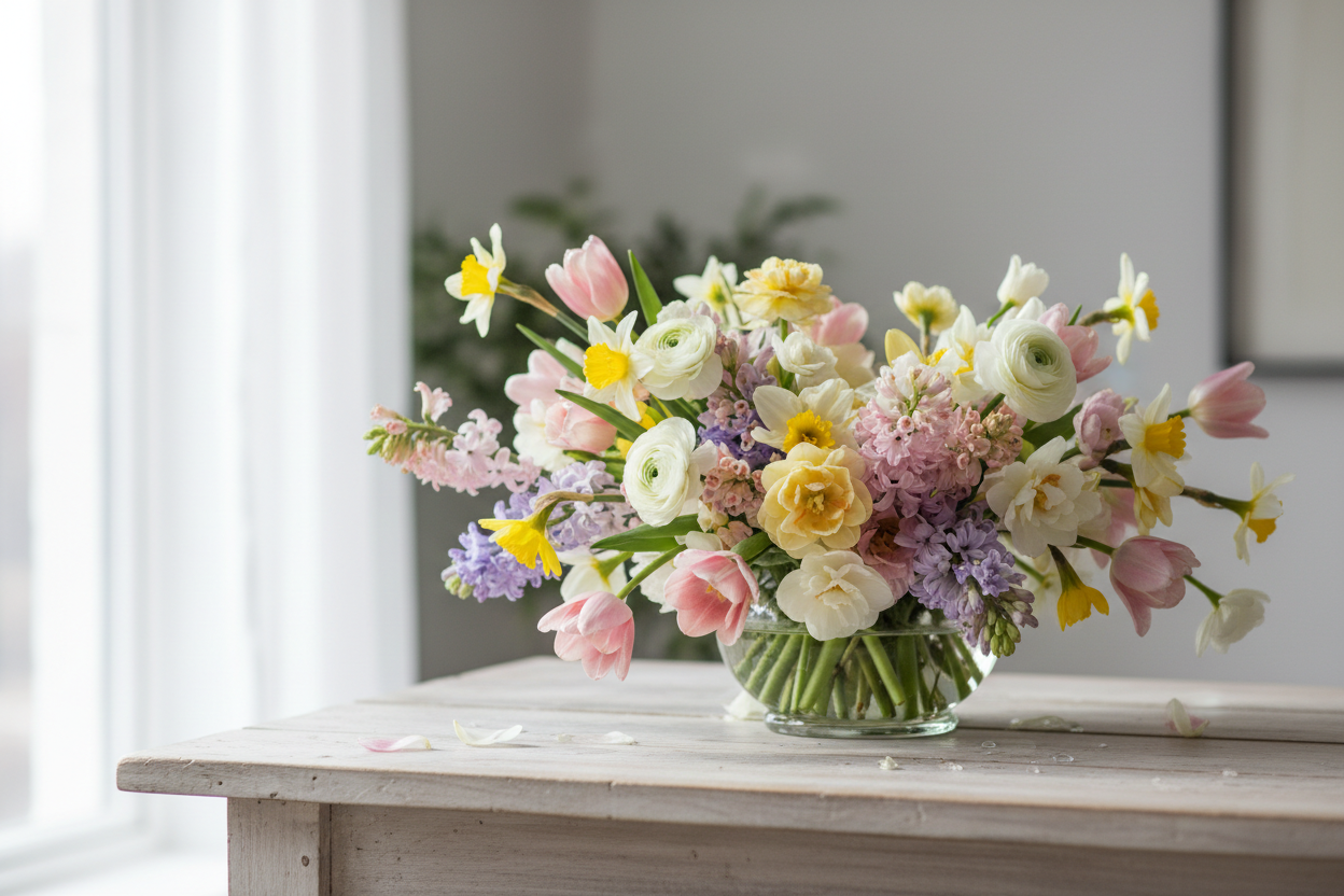 A bright, elegant spring floral arrangement celebrating National Flower Day, 
featuring tulips, daffodils, ranunculus, and hyacinths in soft pastel colors 
(pink, yellow, lavender, white). Natural daylight, airy atmosphere, premium 
florist photography style. Minimal neutral background, shallow depth of field, 
fresh and joyful spring mood. Ultra-realistic, high resolution, no text, 
no people, no watermark.
